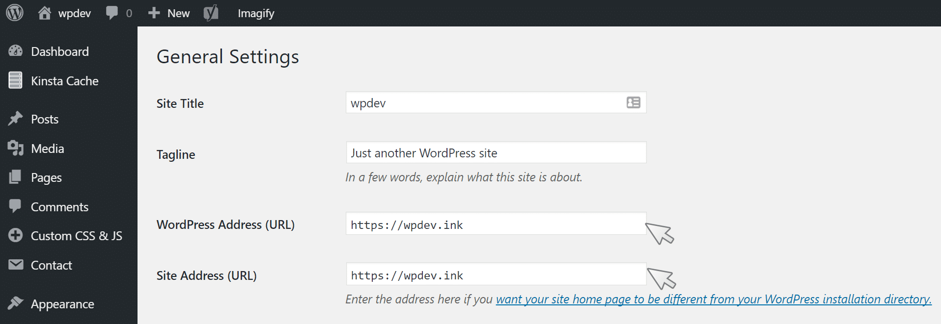 Aktualisiere die WordPress-URL im Dashboard